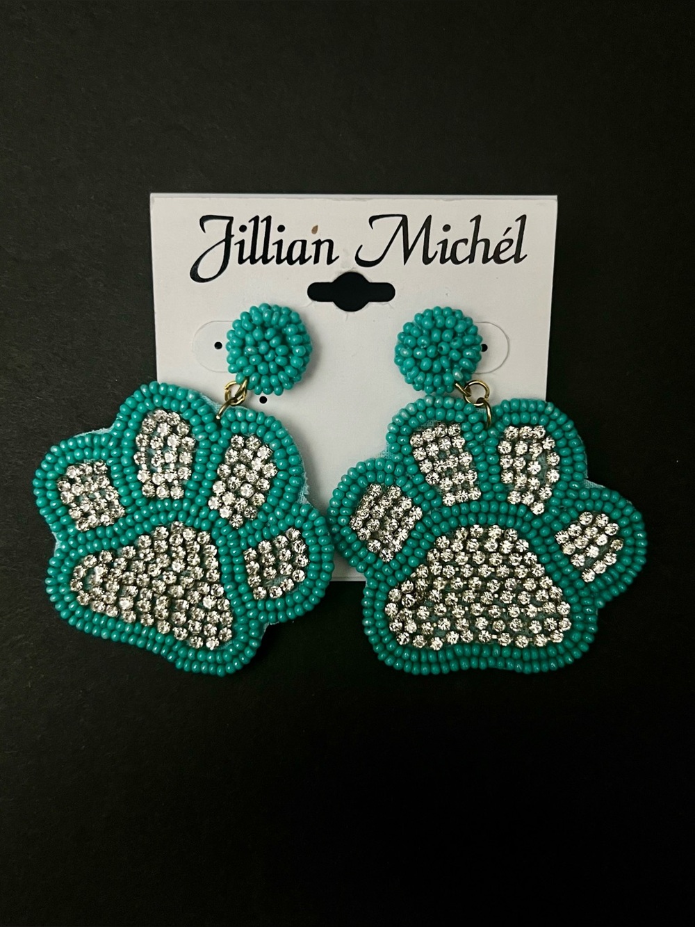 Jillian Michel Pierced Paw Print Earrings w/ Turquoise Beads & Clear Rhinestones